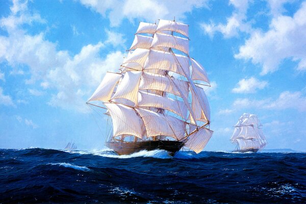 Un Dipinto Di Stephen Rose. Barca a vela con vele bianche che camminano sulle onde del mare