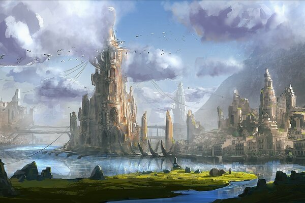 A fantastic world with bridges and towers