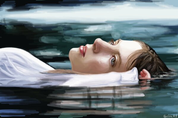 Pintura al óleo chica en el agua