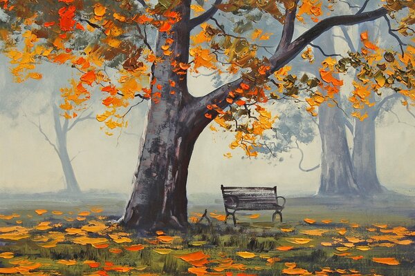 Осенний пейзаж со скамейкой в парке под деревом