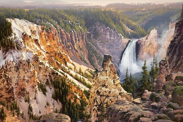 Yellow Mountains, waterfall, painting and nature of Yellowstone