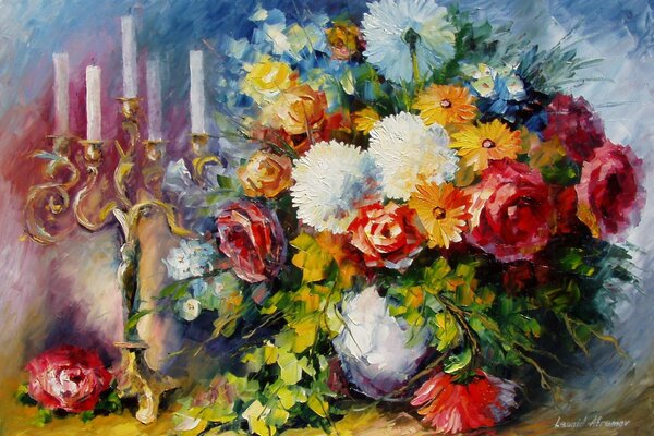 Art pictural de fleurs et bougeoir