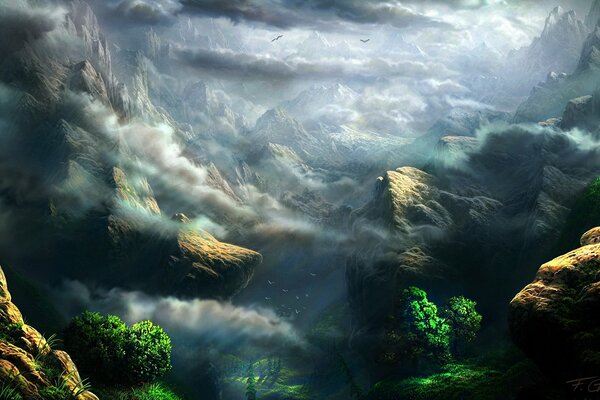 Mountains in clouds in fog and in greenery