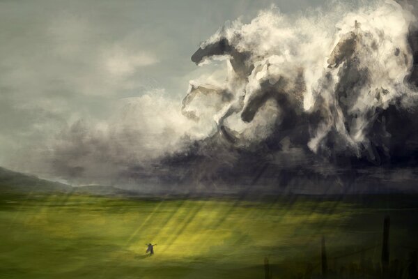 Painted clouds in the form of horses over the field