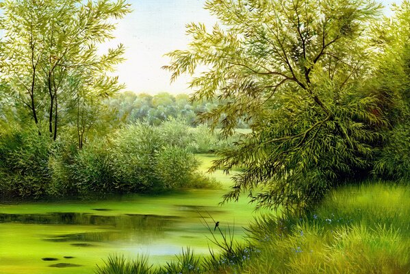 Beautiful landscape on canvas with birds, trees and flowers