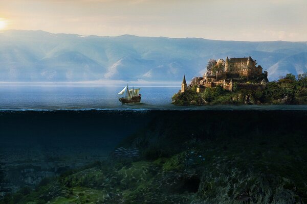 Ein einsames Schiff auf einer Insel in der Nähe des Schlosses