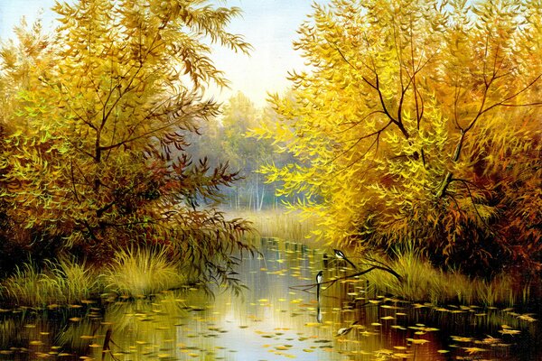 Río dibujado entre los árboles de otoño