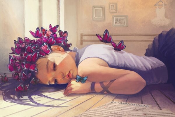 Dessin d art d une fille avec des papillons