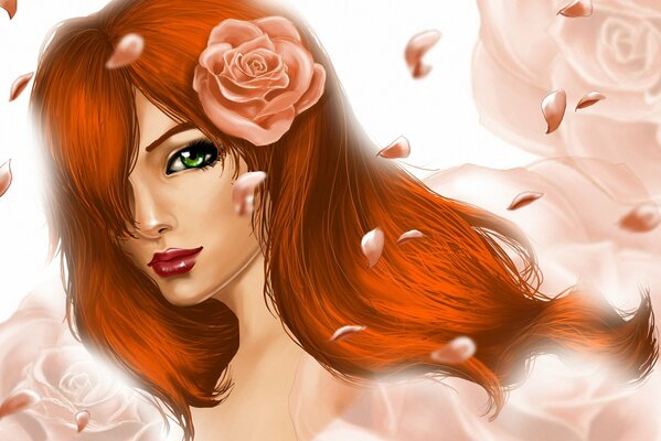 Fille Rousse avec une rose dans les cheveux