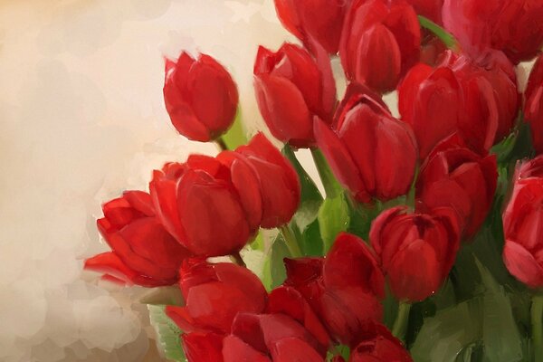 Background with a red bouquet of tulips