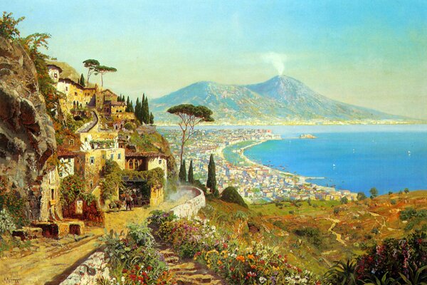 Paysage de la baie de Naples et du volcan