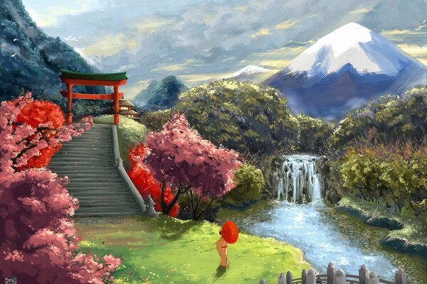 Cherry blossoms along the stairs and geisha at the waterfall on the background of mountains