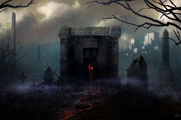 Страшный склеп посреди кладбища в тумане