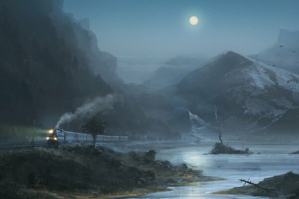 Train de nuit, lac et montagnes
