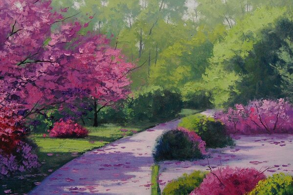 Disegno di una passerella in un parco in fiore