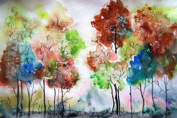 Acuarela pintura paisaje árboles