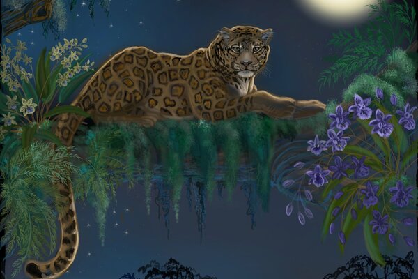 Leopard on a tree by moonlight