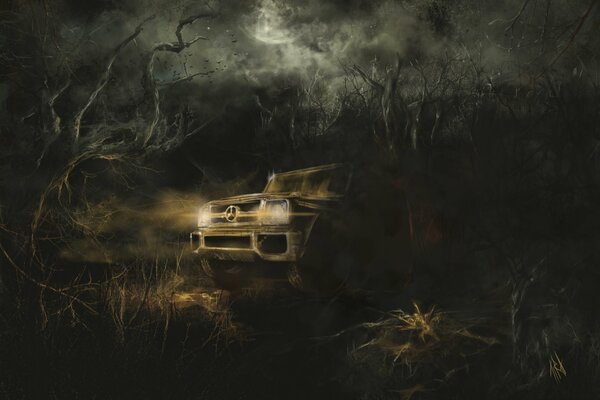 Mercedes at night in a dark field