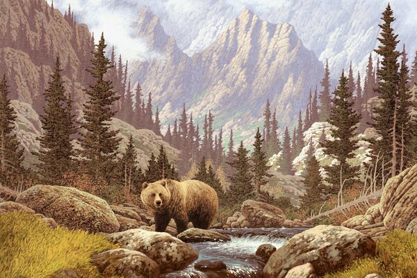Медведь у ручья в лесу на фоне гор