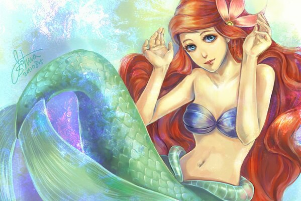 The little mermaid Ariel with a flower in her hair