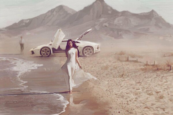 A girl in a white dress on the seashore