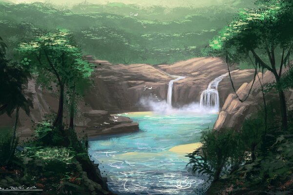 Dibujo de cascada, río y bosque