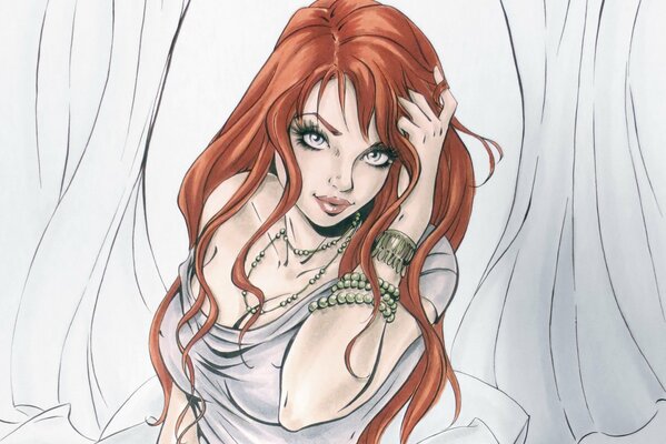 Art Mary Jane Watson. Rothaarige Mädchen korrigiert Ihre Haare mit der Hand in einem Armband