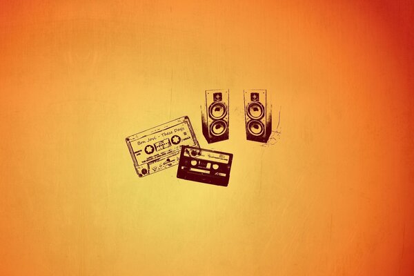 Image of a speaker and cassette on an orange background