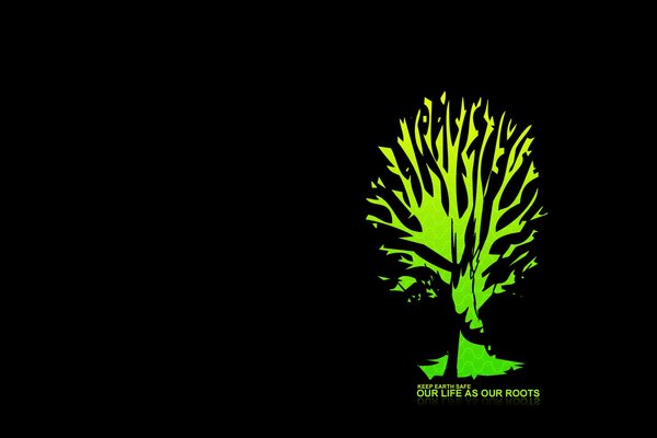 Silhouette of a tree with a green inscription on a black background