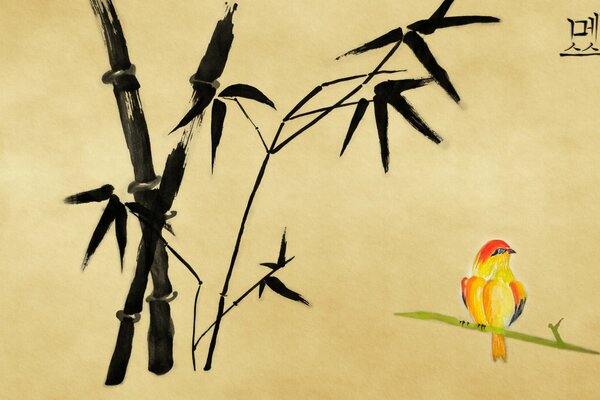 Un dessin sur lequel un oiseau lumineux assis sur une branche. Quelques branches de bambou