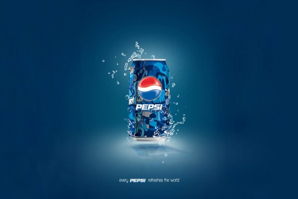 A can of pepsi with refreshing drops on a blue background