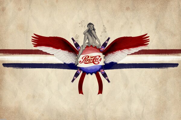 A girl is sitting on a Pepsi-Cola with wings