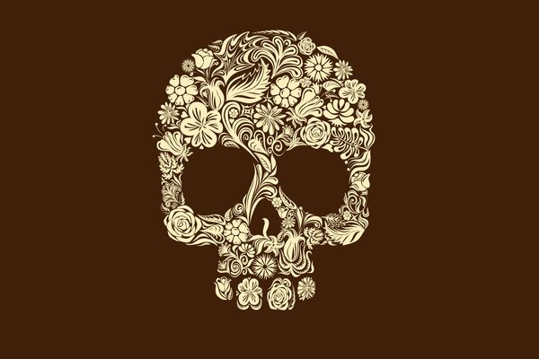 A skull made of flowers is depicted on a dark background