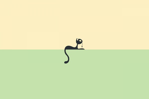 Yellow-green background, in the middle of which is a black silhouette of a cat with a mouse in its mouth