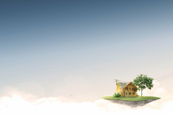 Maison sur une petite île dans les nuages