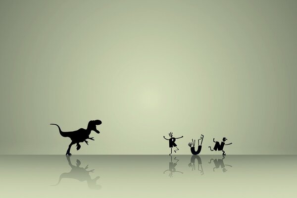 Männer in Form von Buchstaben laufen vor dem Dinosaurier weg