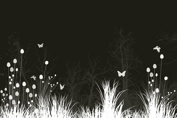 Paysage de nuit de Prairie avec des fleurs et des papillons