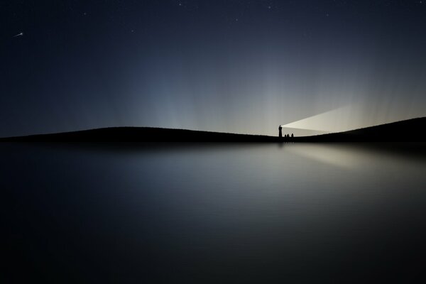 Paisaje nocturno. Faro en medio del agua