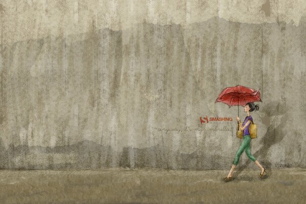 Watercolor drawing of a girl with a red umbrella