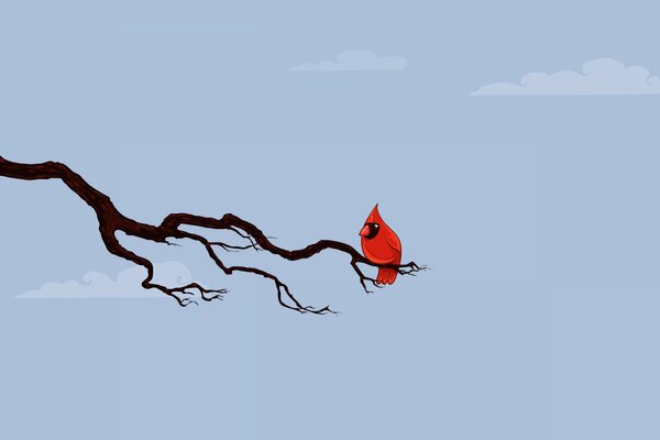 Ein kleiner roter Vogel mit einem Tuch sitzt auf einem Ast