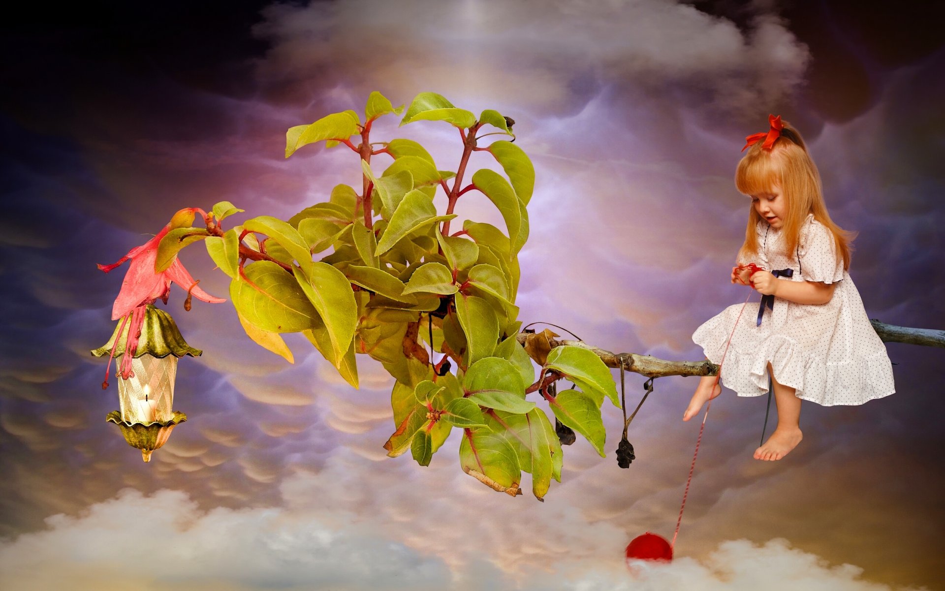 girl red red hair branch leaves tangle thread cloud