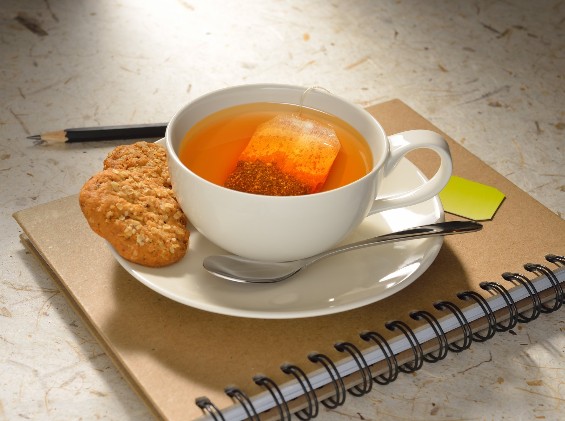 notes pencil tea cookie