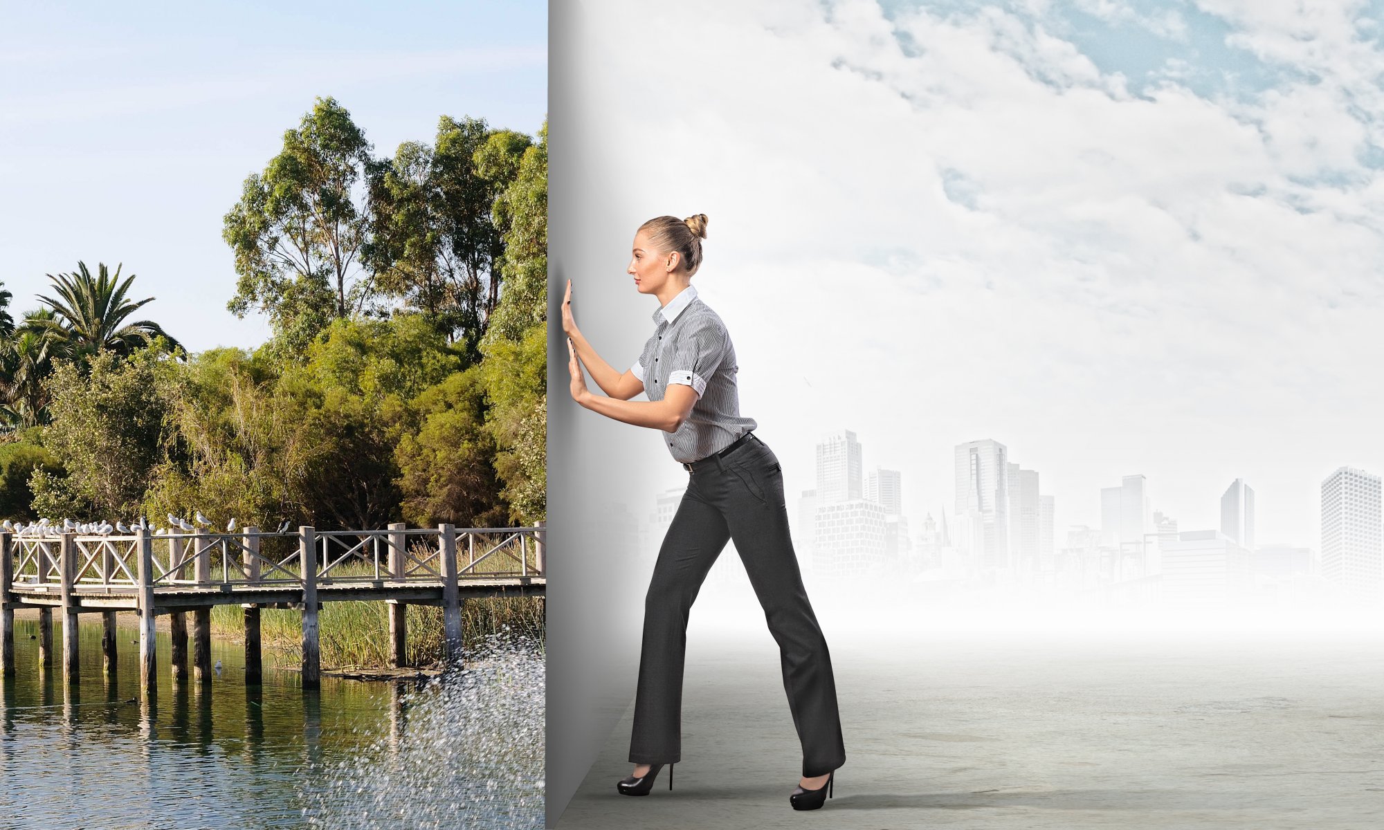 mädchen hose schuhe blond kreativ wahl stadt natur brücke fluss grün