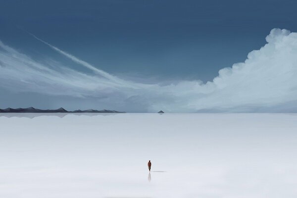 A man walking on an endless white plain surrounded by clouds