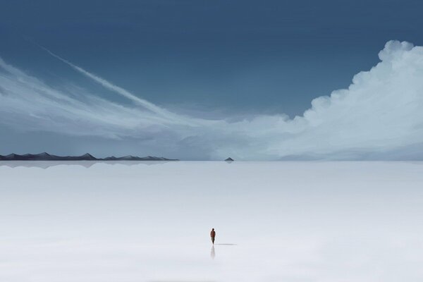 Człowiek spacerujący po niekończącej się białej równinie otoczony chmurami