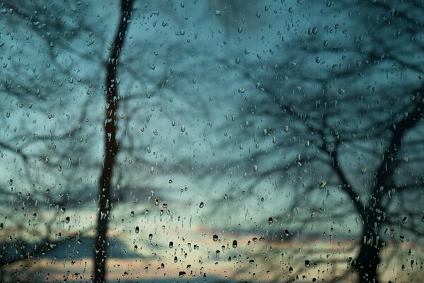Cielo a través del vidrio con gotas de lluvia