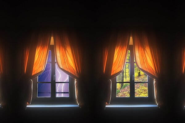 Four windows with different weather conditions