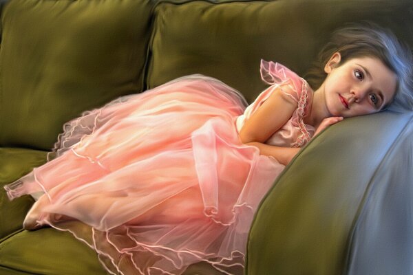 Dziewczyna baleriny odpoczywa na kanapie