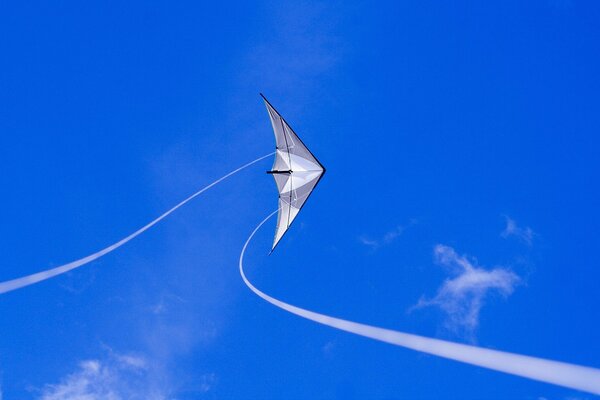 A kite soars in the blue sky