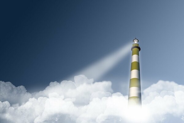 A lighthouse lights the way through a cluster of clouds